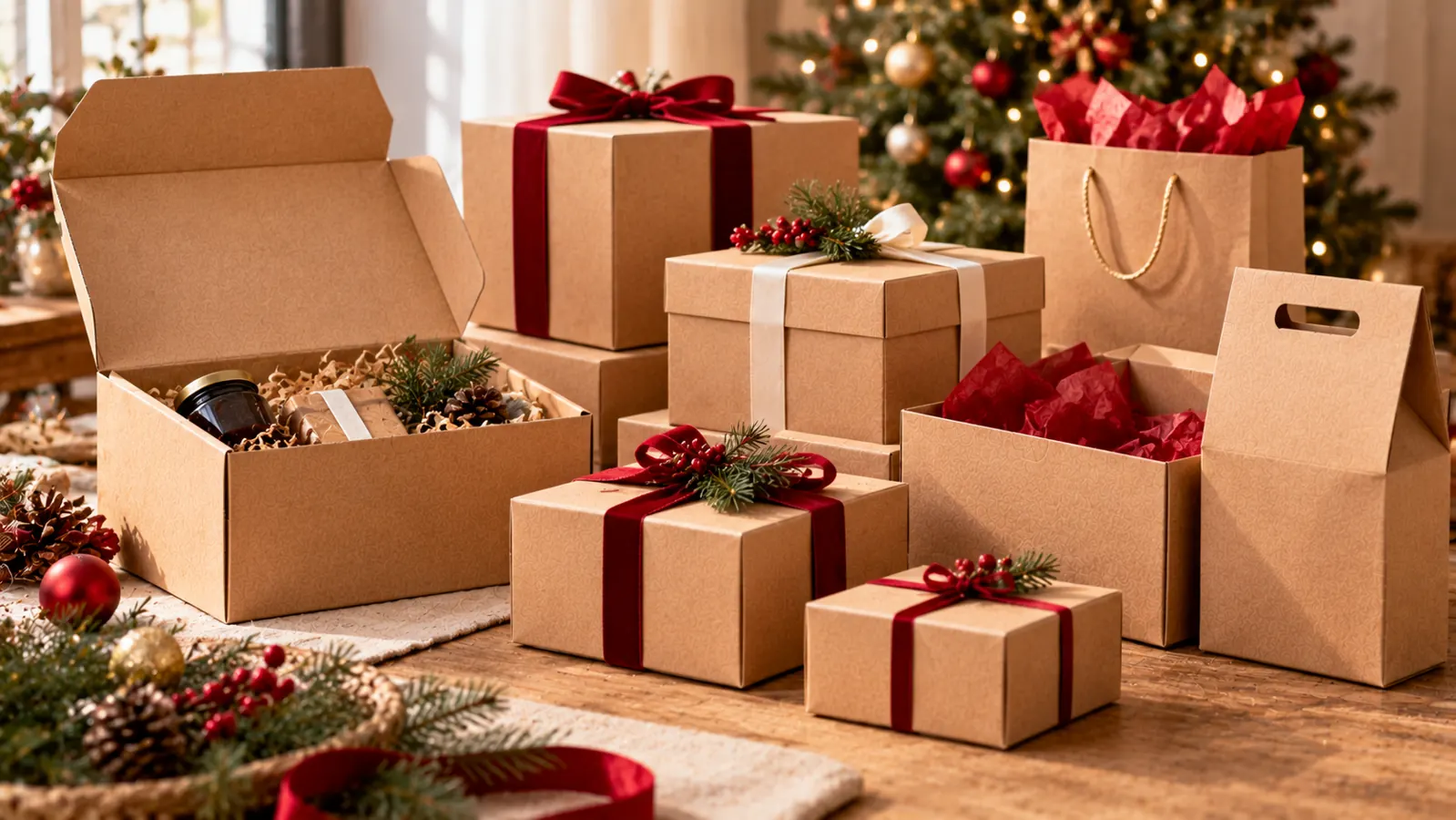Cajas de regalo y embalajes navideños: imagen ilustrativa de cartonaje y packaging