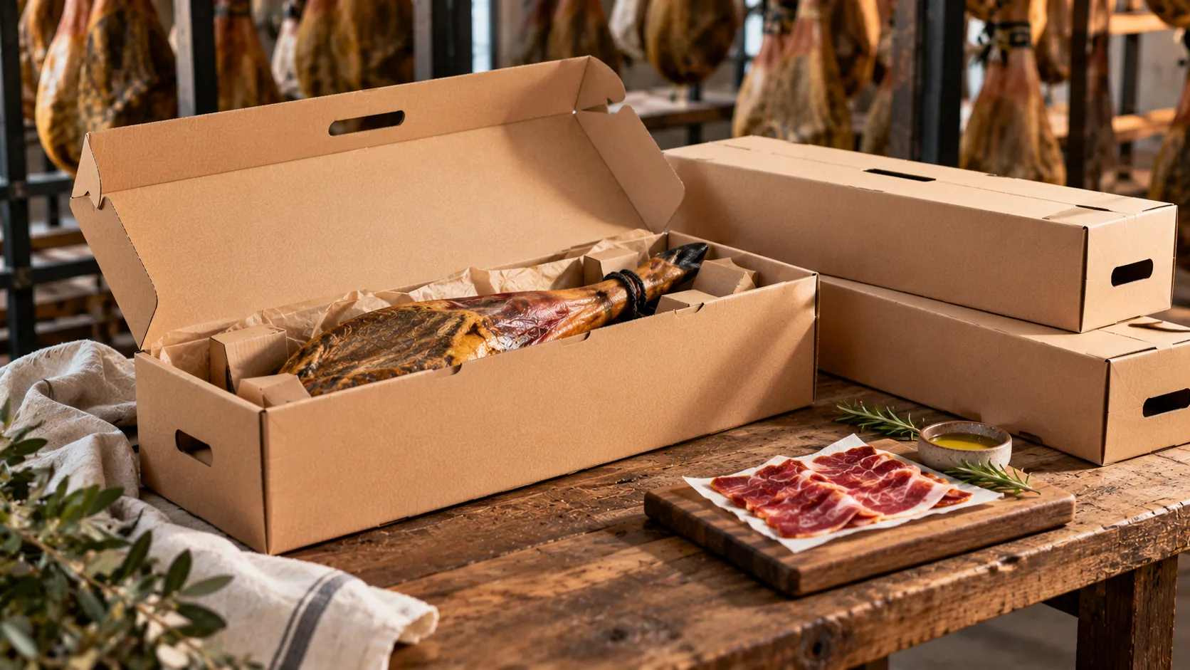 Cajas de cartón para jamones y paletillas: imagen ilustrativa de cartonaje y packaging